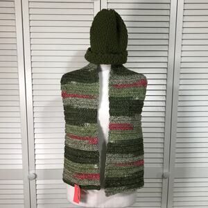 NWT Handmade Crocheted Green Multicolor Textured Beanie Scarf 48”